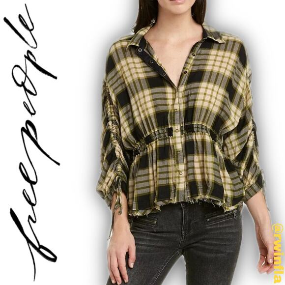 Free People Tops - Free People Pacific Dawn Plaid Peplum Shirt Black Combo Size Medium NWT New